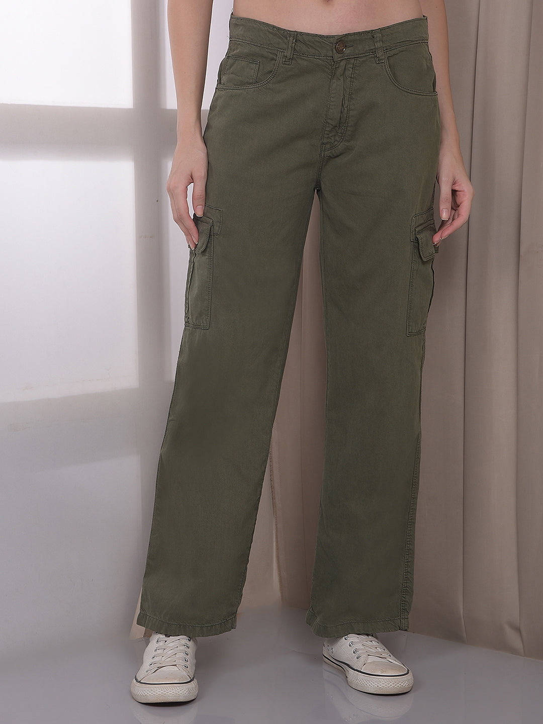 Women's Olive 100% Cotton Cargo Jeans-Women Jeans-Crimsoune Club