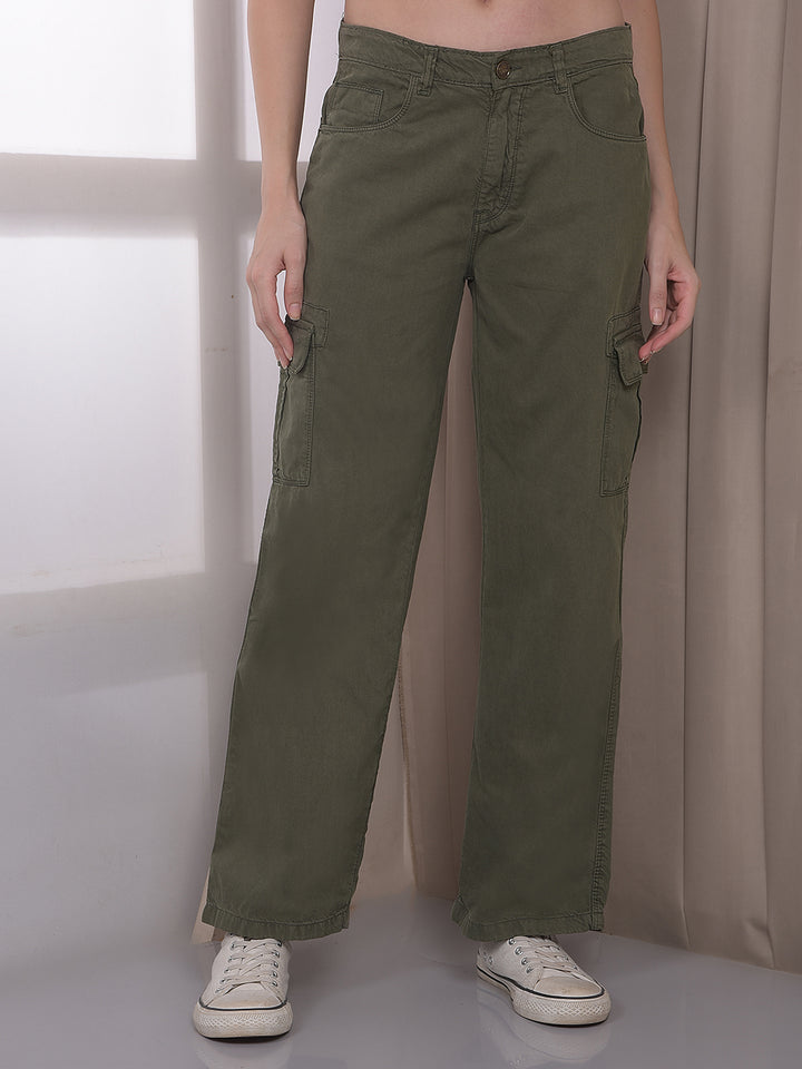 Women's Olive 100% Cotton Cargo Jeans-Women Jeans-Crimsoune Club