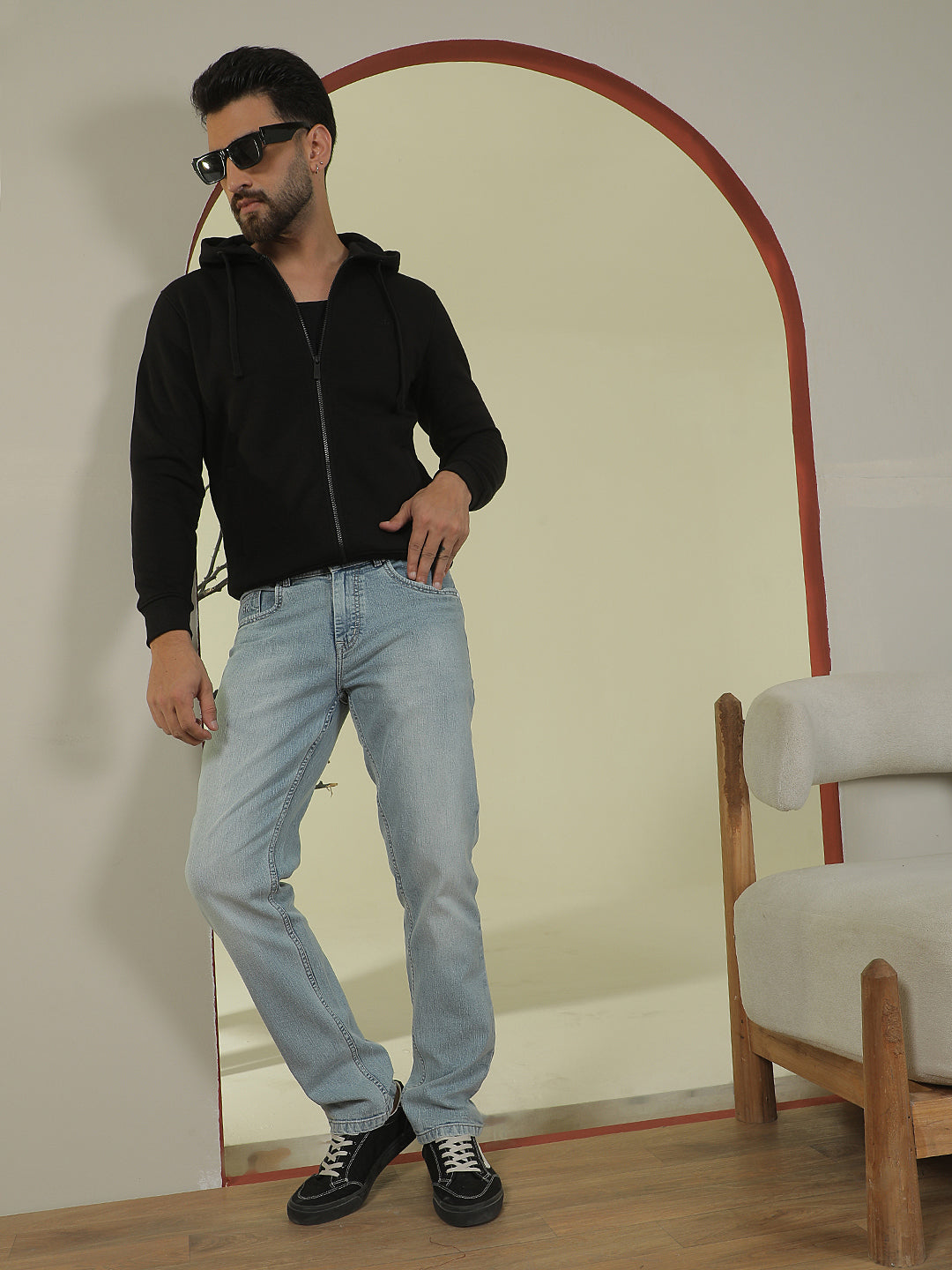 Black Hooded Neck Front Open Sweatshirt
