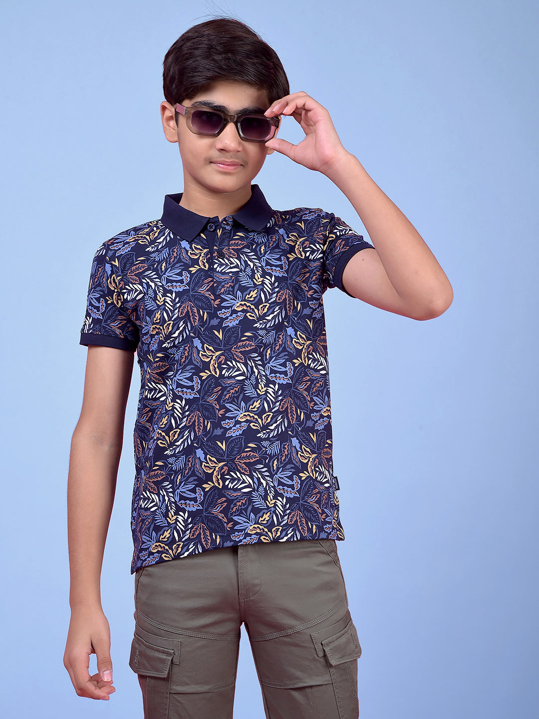 Blue Floral Print Polo Neck T-Shirt