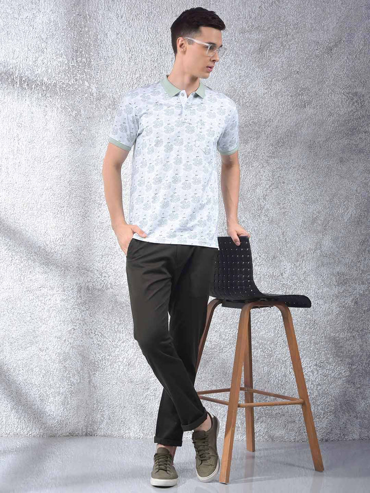 Green Floral Print Polo Neck T-Shirt