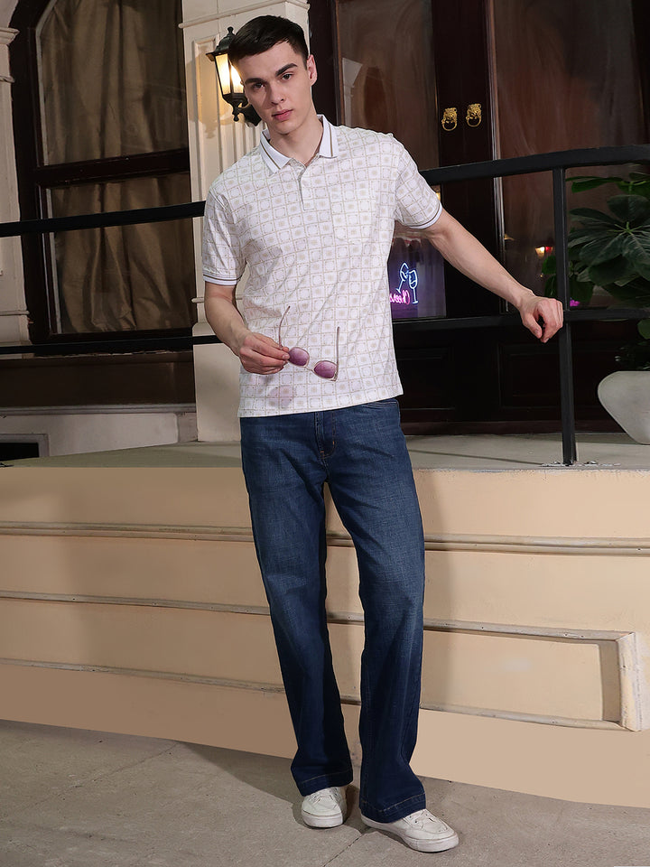 Beige Printed Polo Neck 100% Cotton T-Shirt