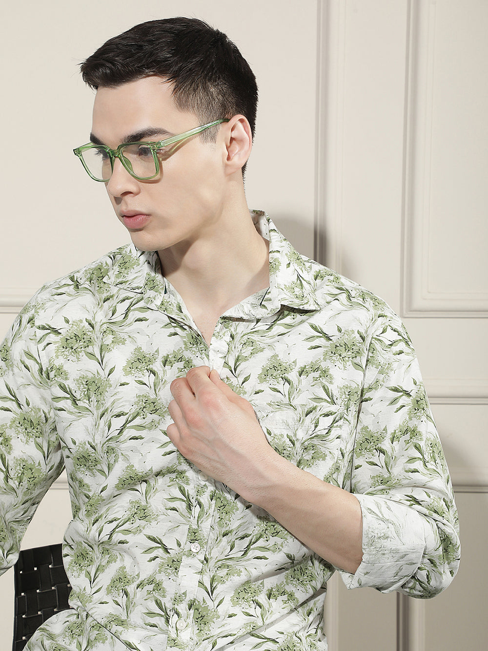 Green Floral Print Linen Shirt