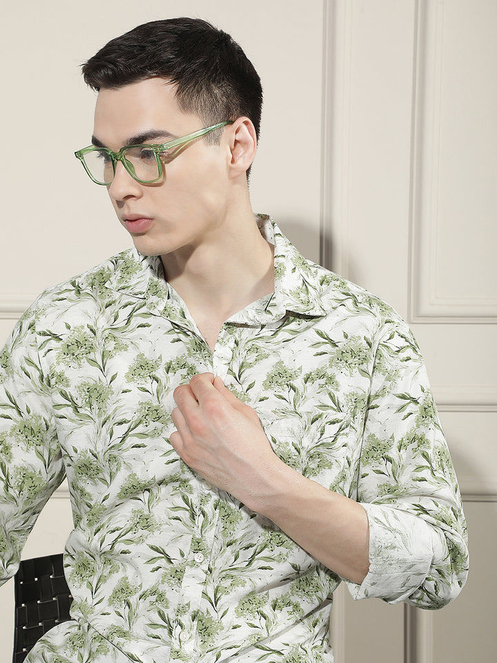 Green Floral Print Linen Shirt