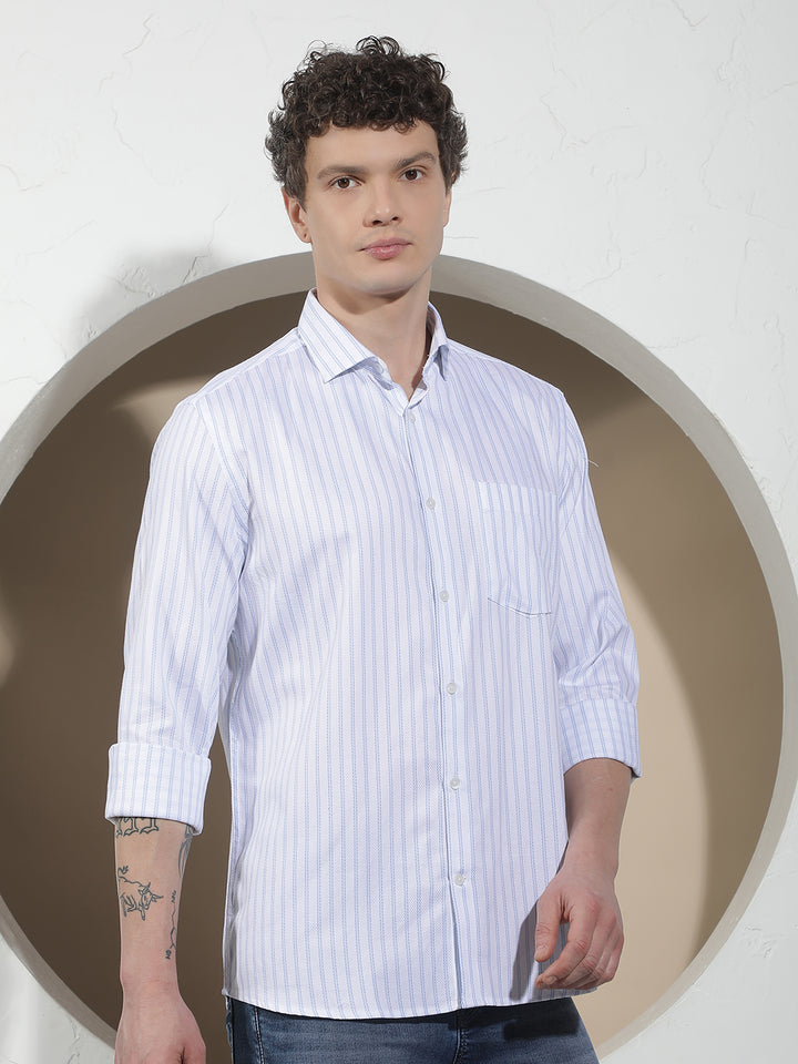 Blue Vertical Striped 100% Cotton Shirt