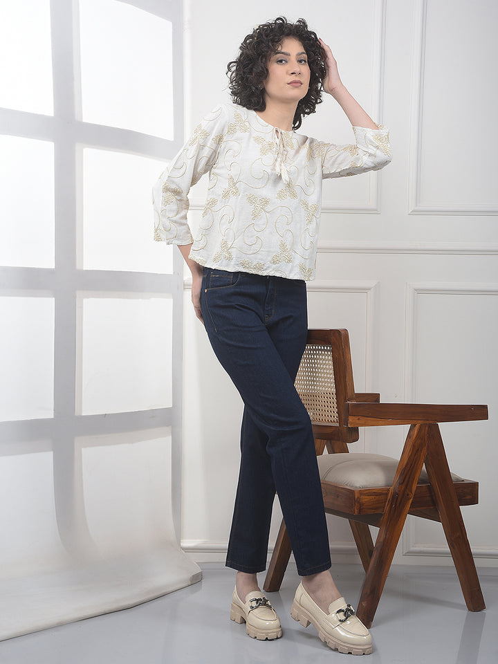 Beige Embroidered Linen Top
