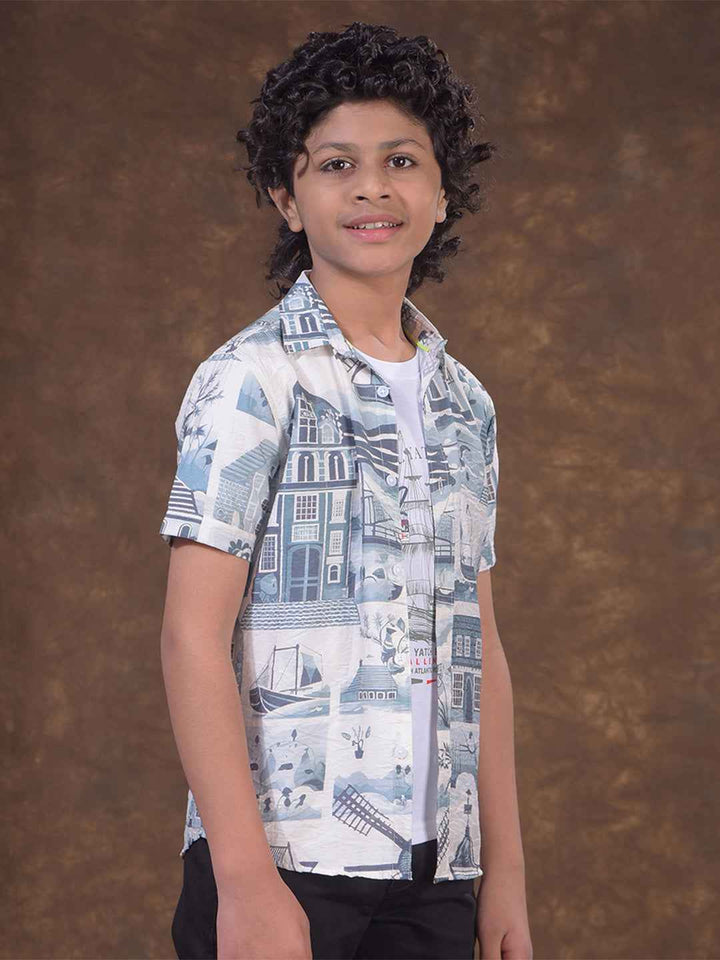 Blue Motif Print Shirt & Tee Set Layered Look