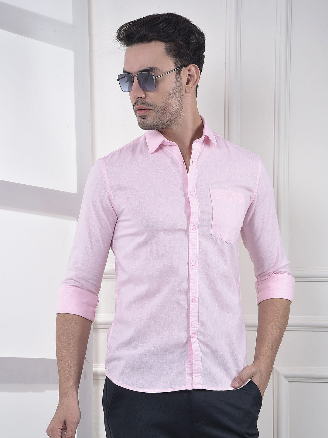 Pink Linen Blend Casual Shirt
