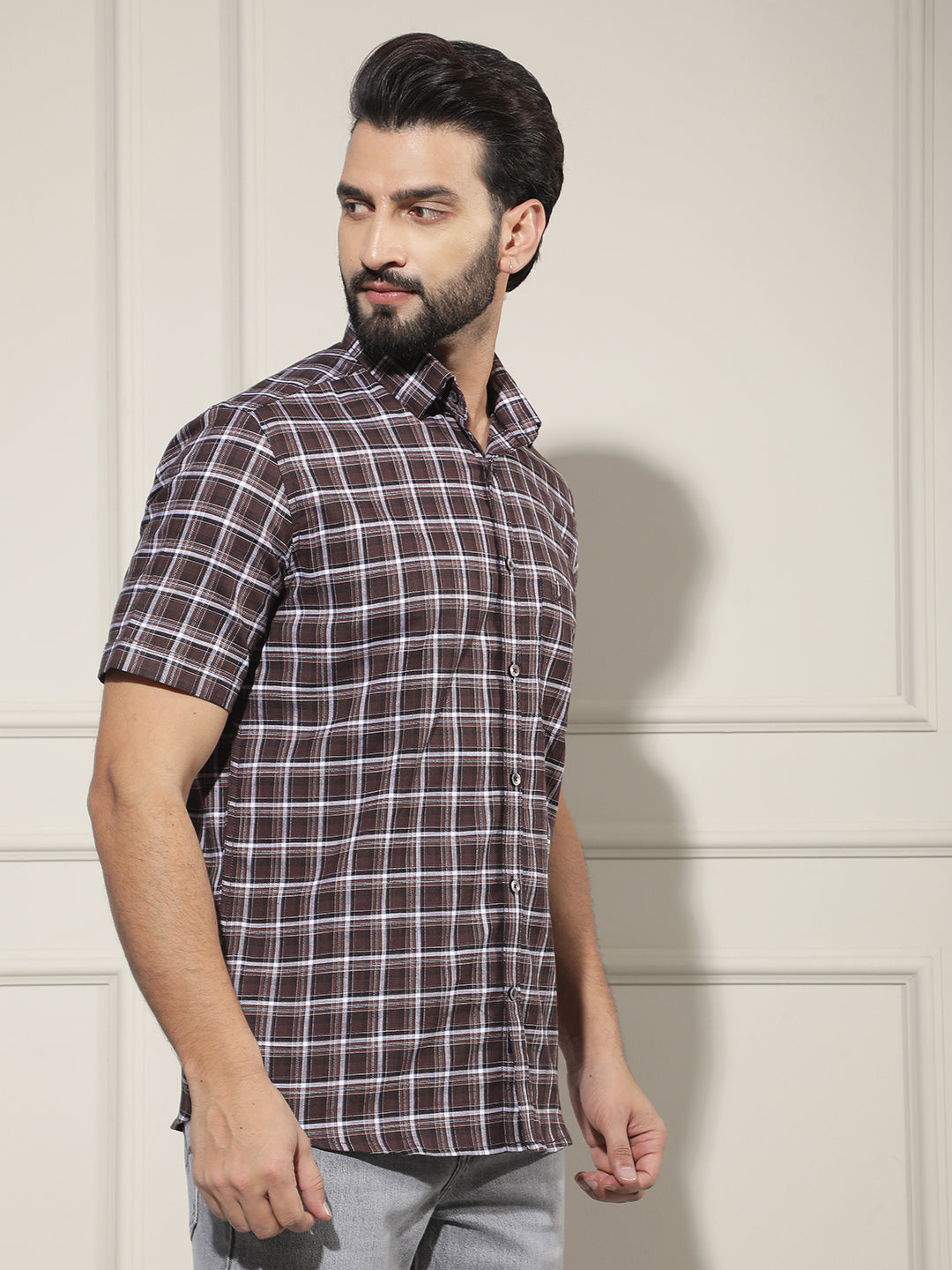 Brown Checked 100% Cotton Shirt