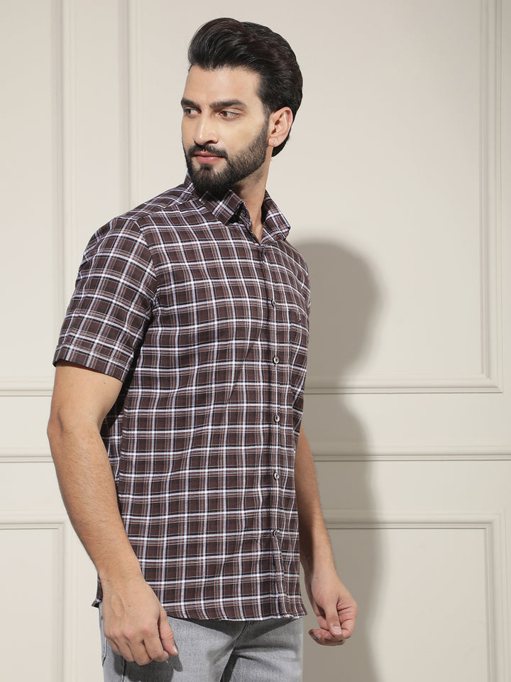 Brown Checked 100% Cotton Shirt