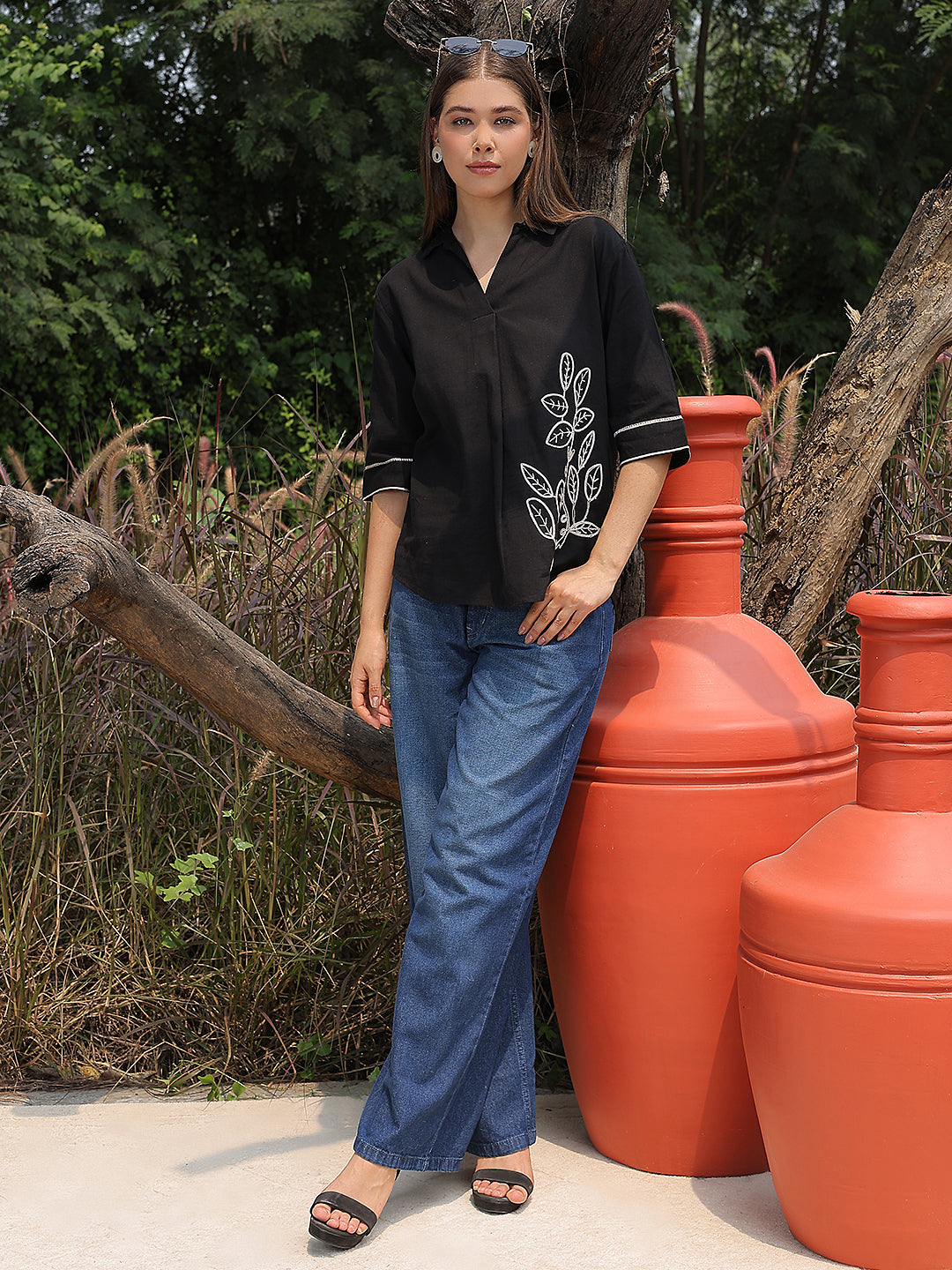 Cotton Black Embroidered Longline Top