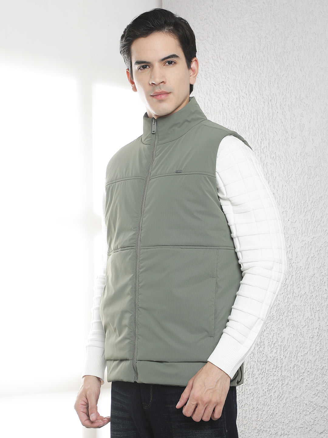 Olive High Neck Sleeveless Puffer Jacket