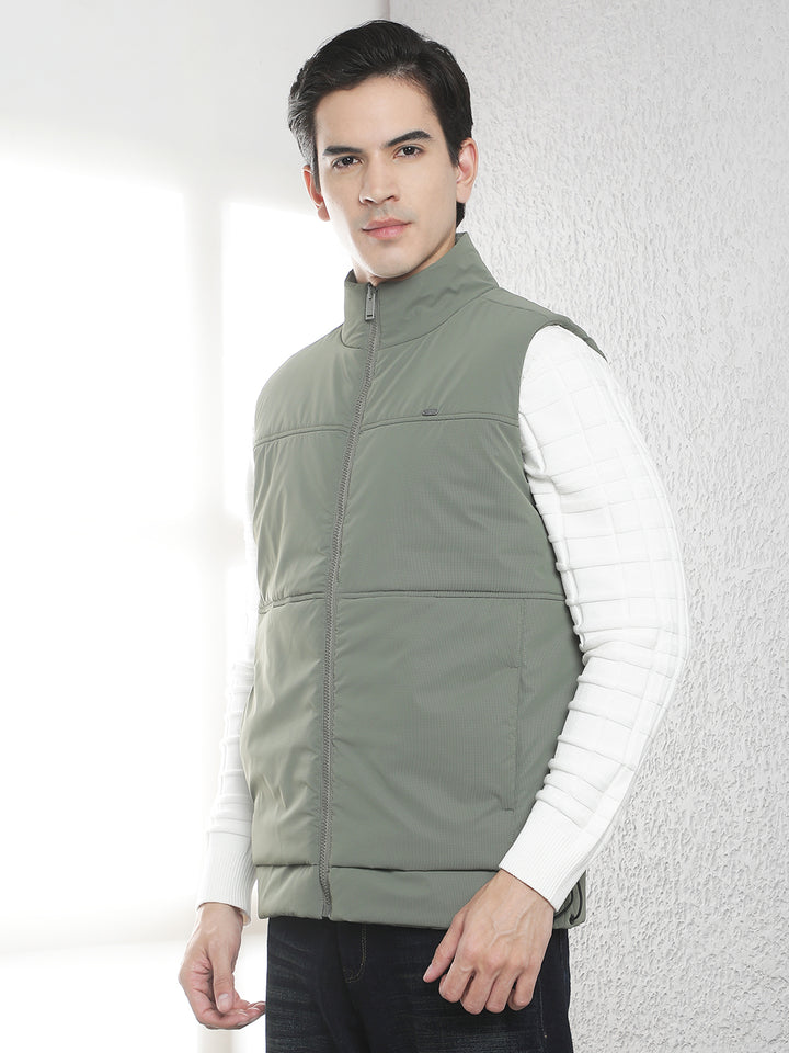 Olive High Neck Sleeveless Puffer Jacket