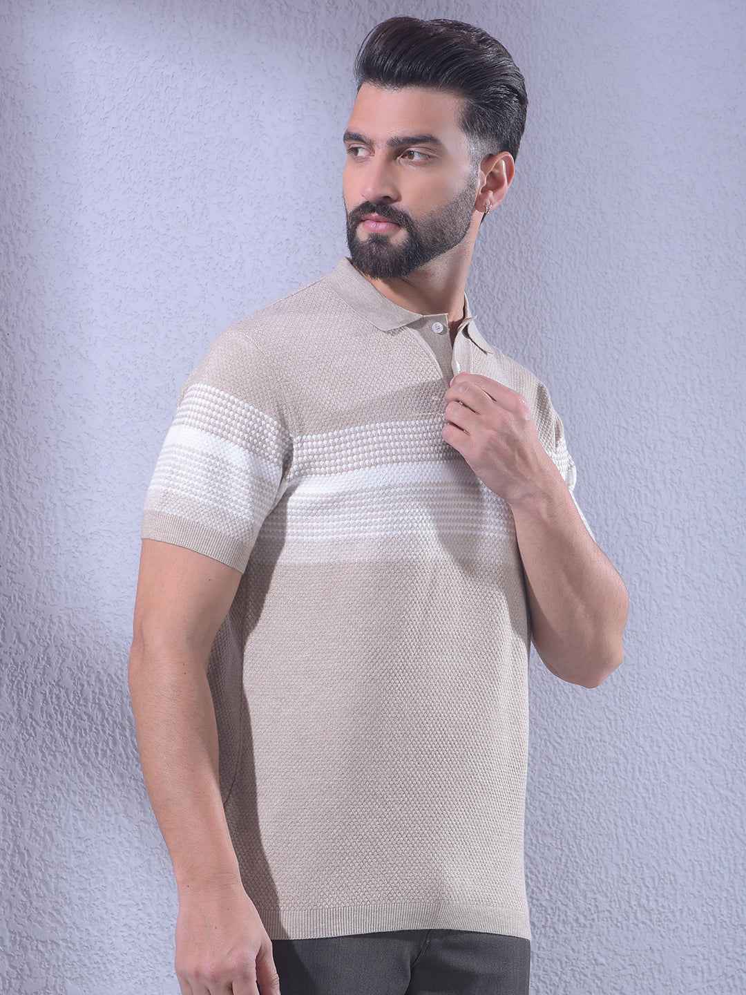 Beige Horizontal Stripes Knitted T-Shirt