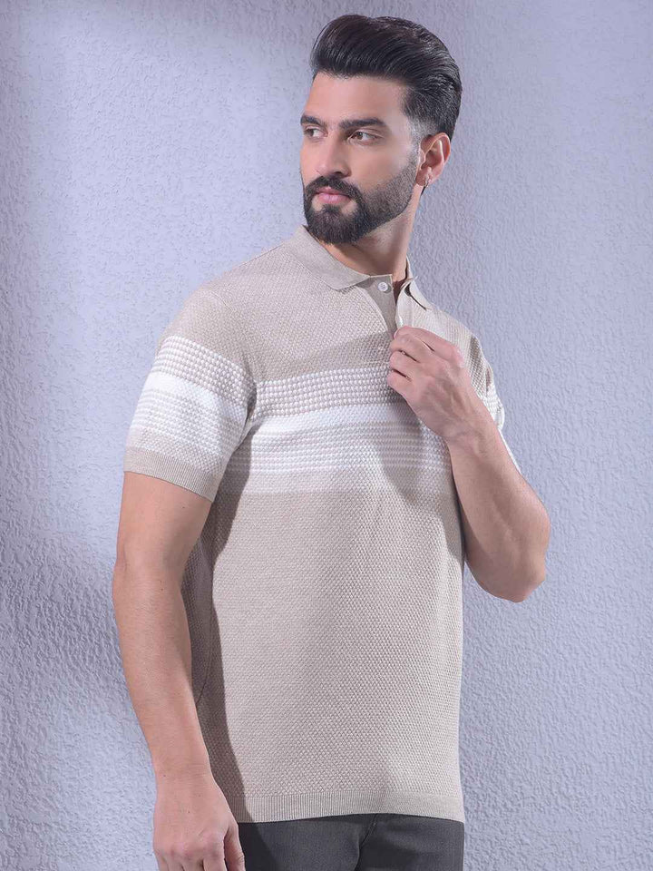 Beige Horizontal Stripes Knitted T-Shirt