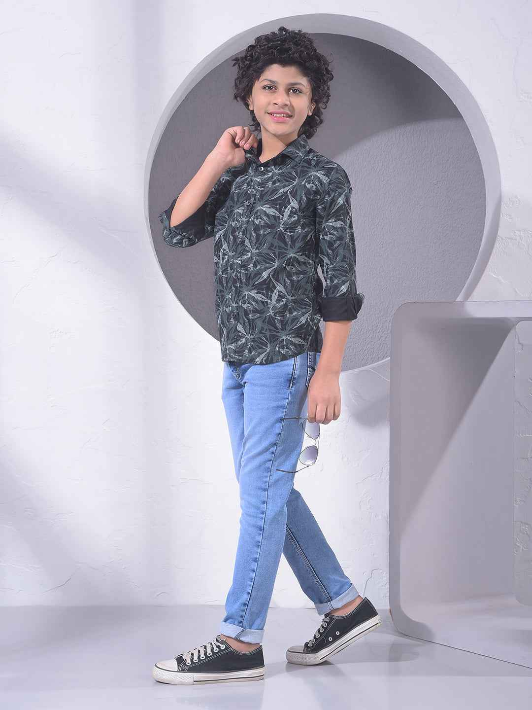 Black Floral Print Modal Shirt