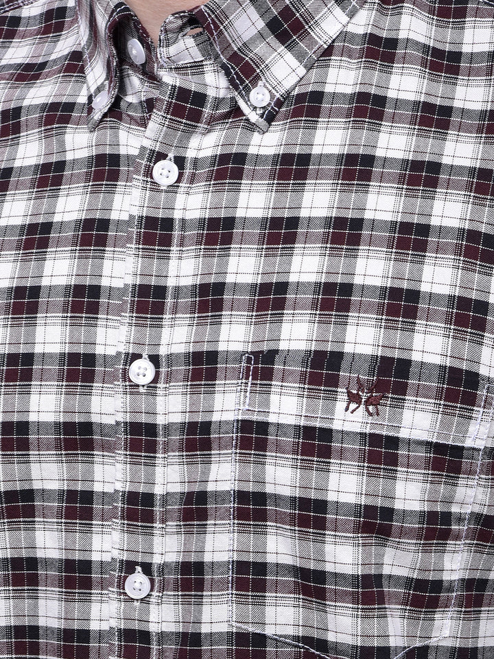 Wine Checked Button-Down Collar 100% Cotton Shirt