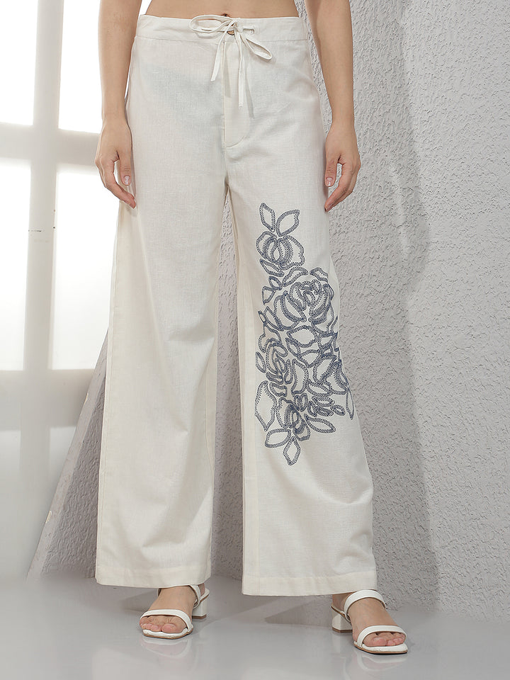 Off White Embroidered Casual Trousers