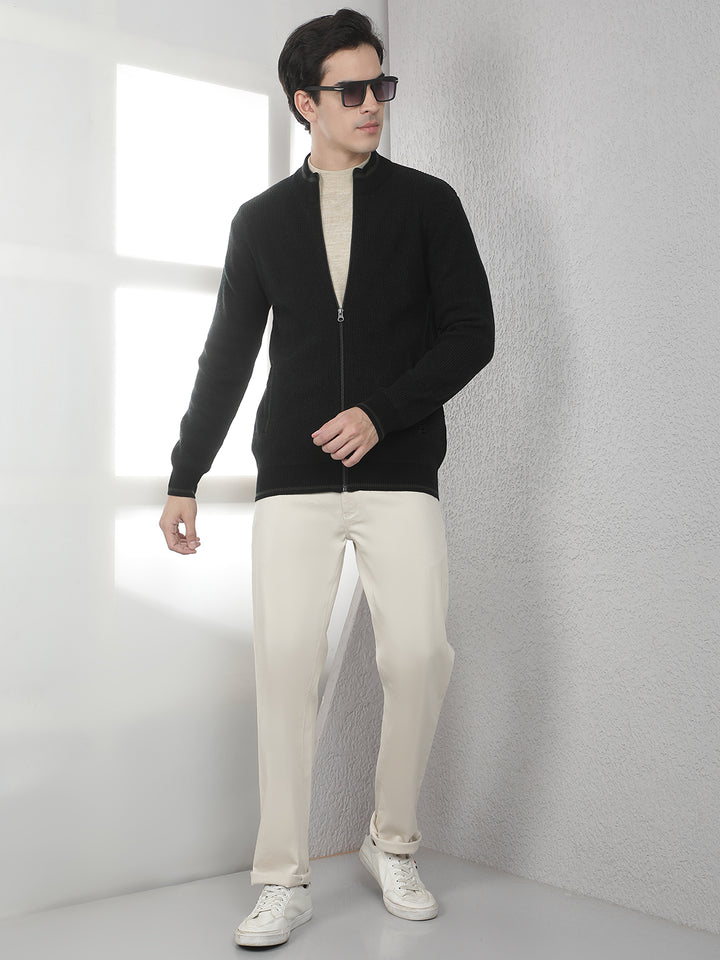 Navy Blue Jacquard Knitted Cardigan
