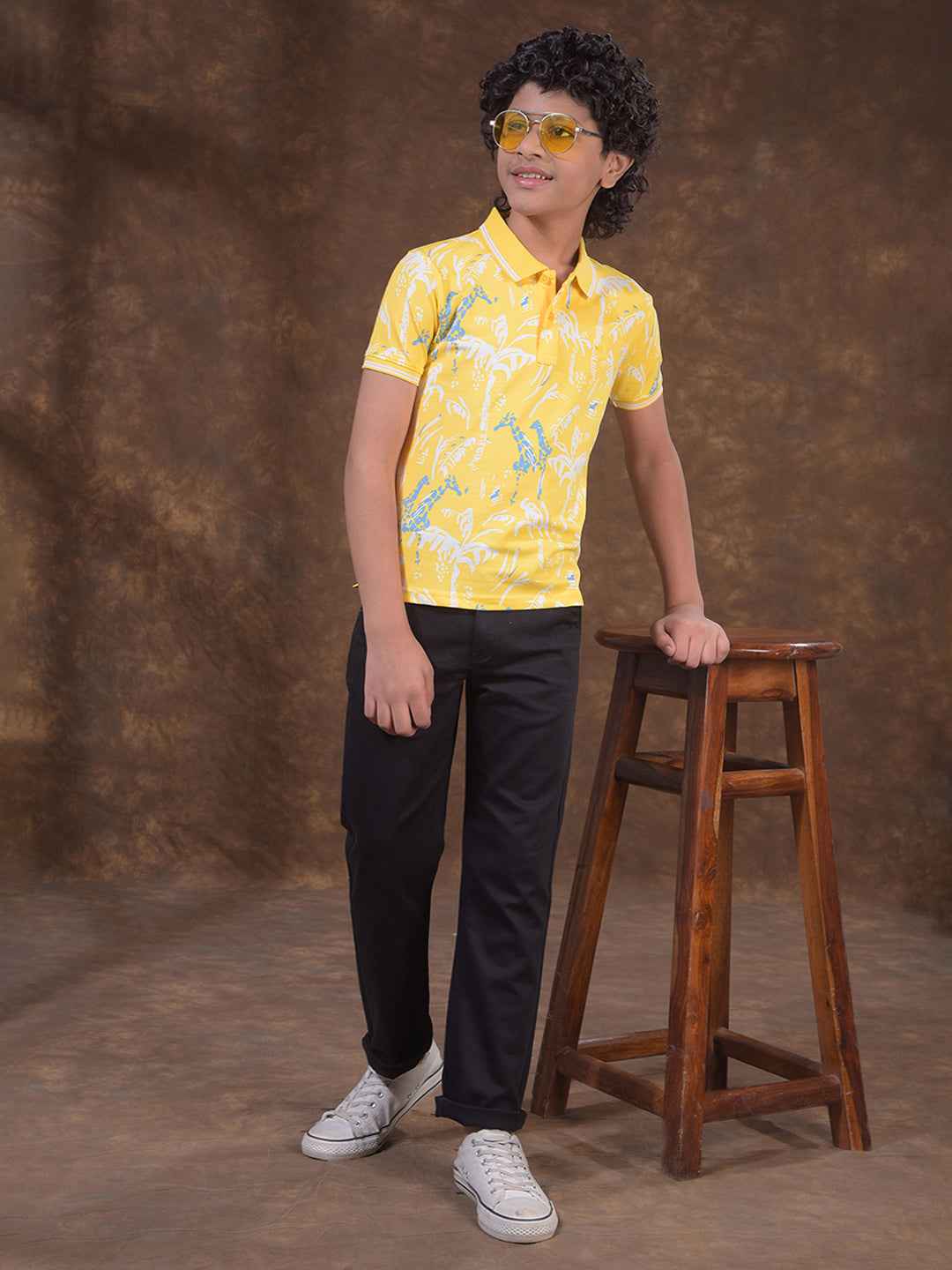 Yellow Floral Print Polo Neck T-Shirt