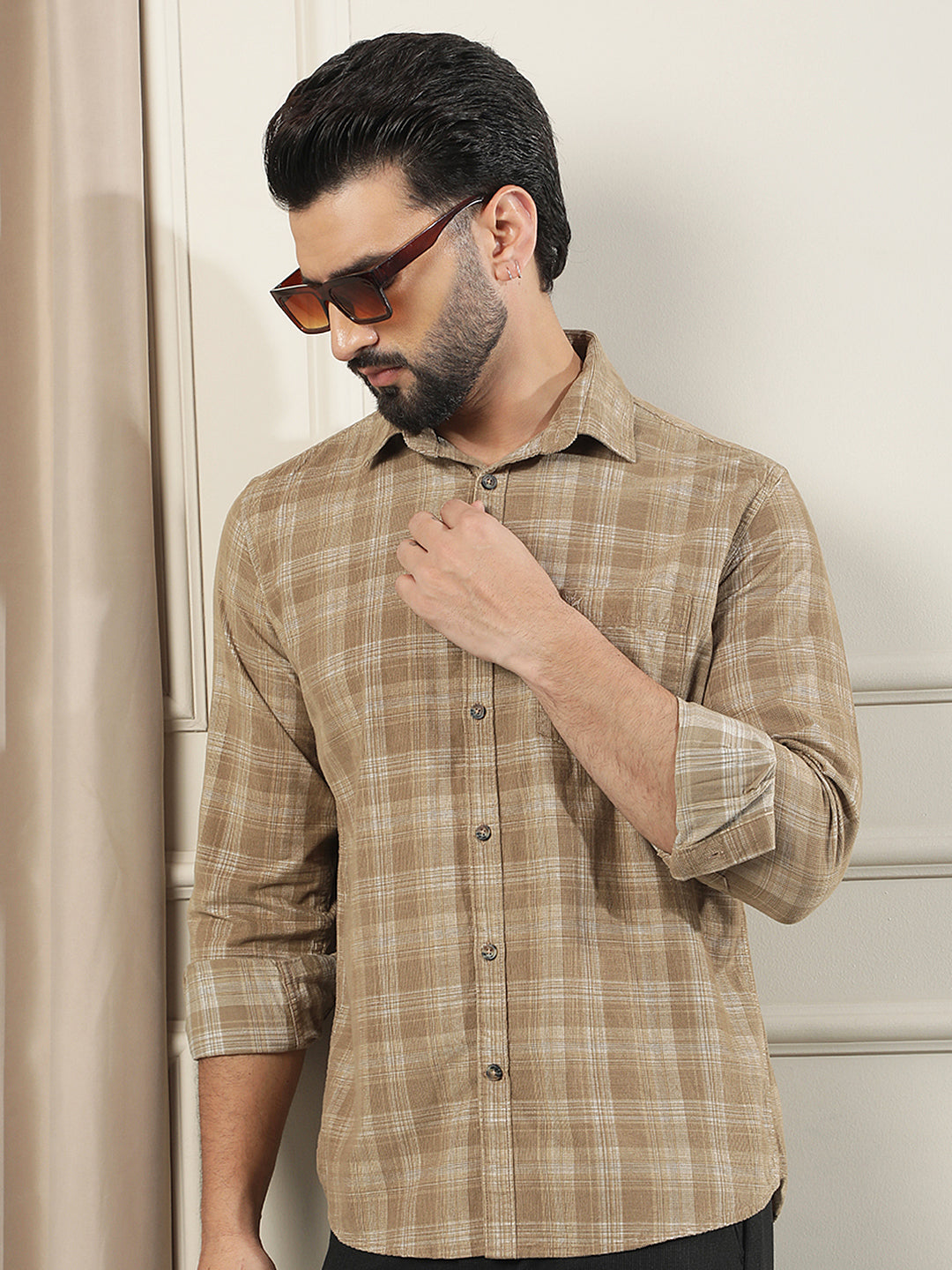 Brown Checked 100% Cotton Corduroy Shirt
