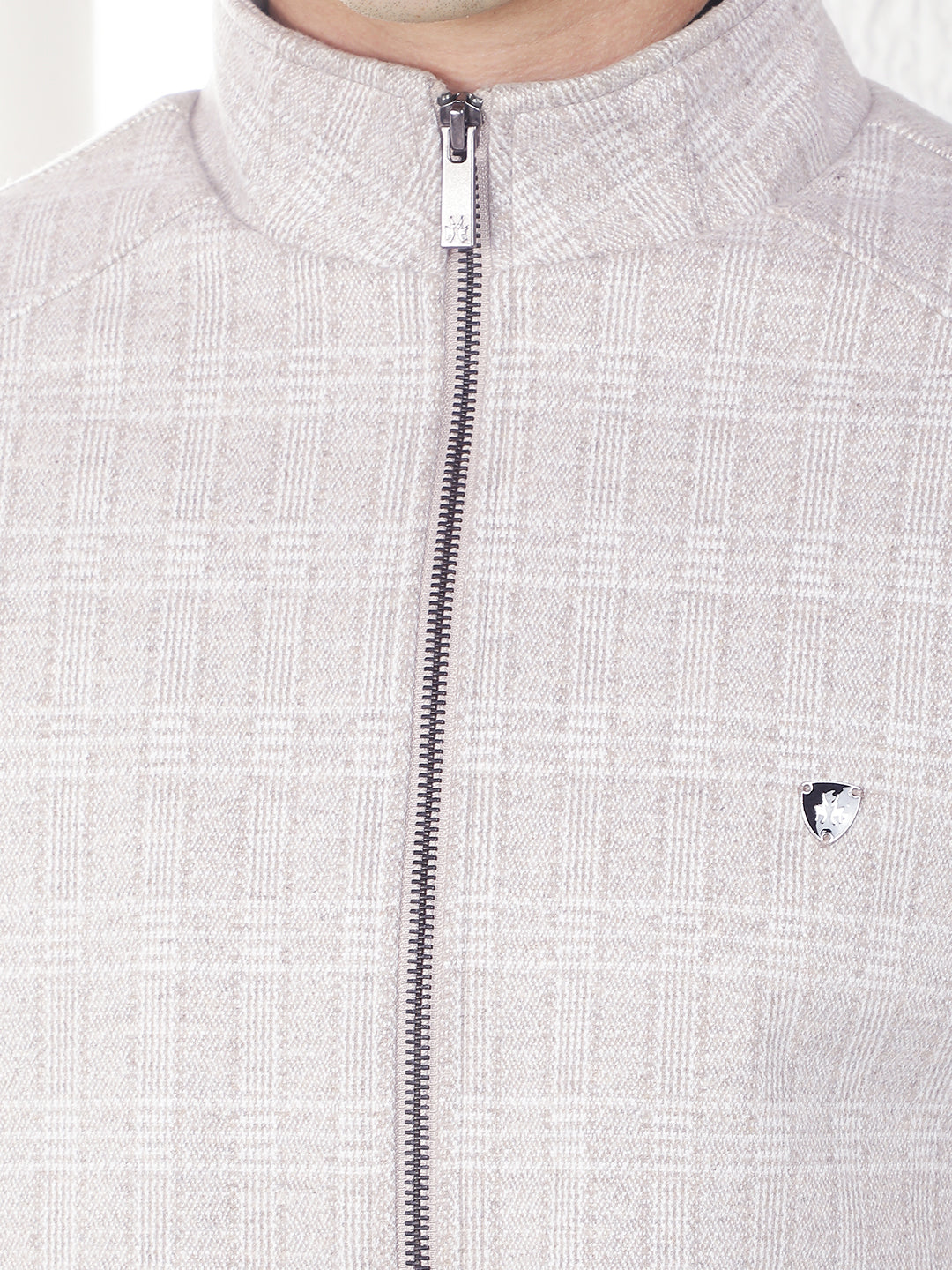 Beige Checked High Neck Tailored Jacket