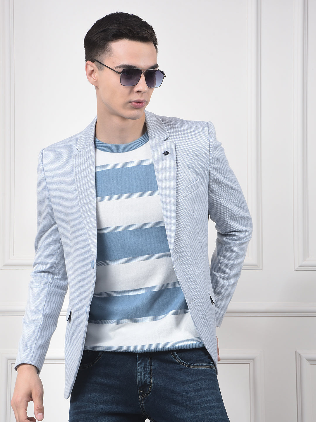 Blue Printed Notched Lapel Corduroy Blazer