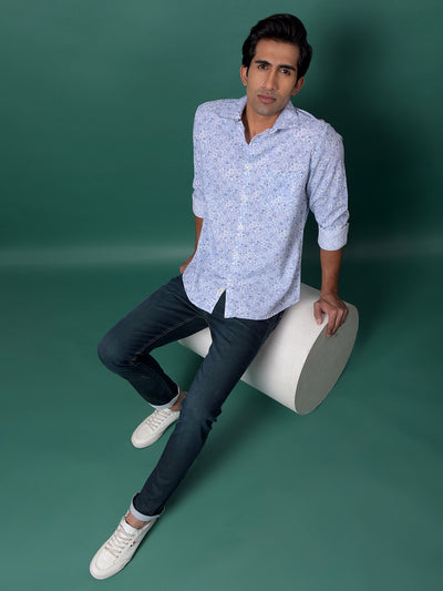 Blue Floral Print 100% Cotton Shirt