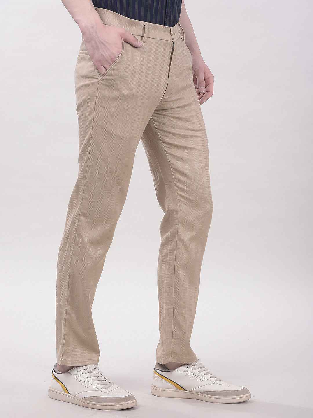 Beige Vertical Stripes Chinos Trousers