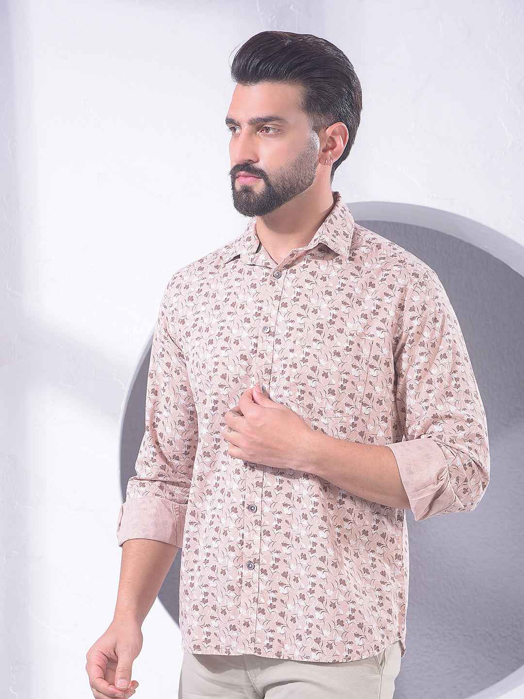 Peach Floral Print Linen Shirt