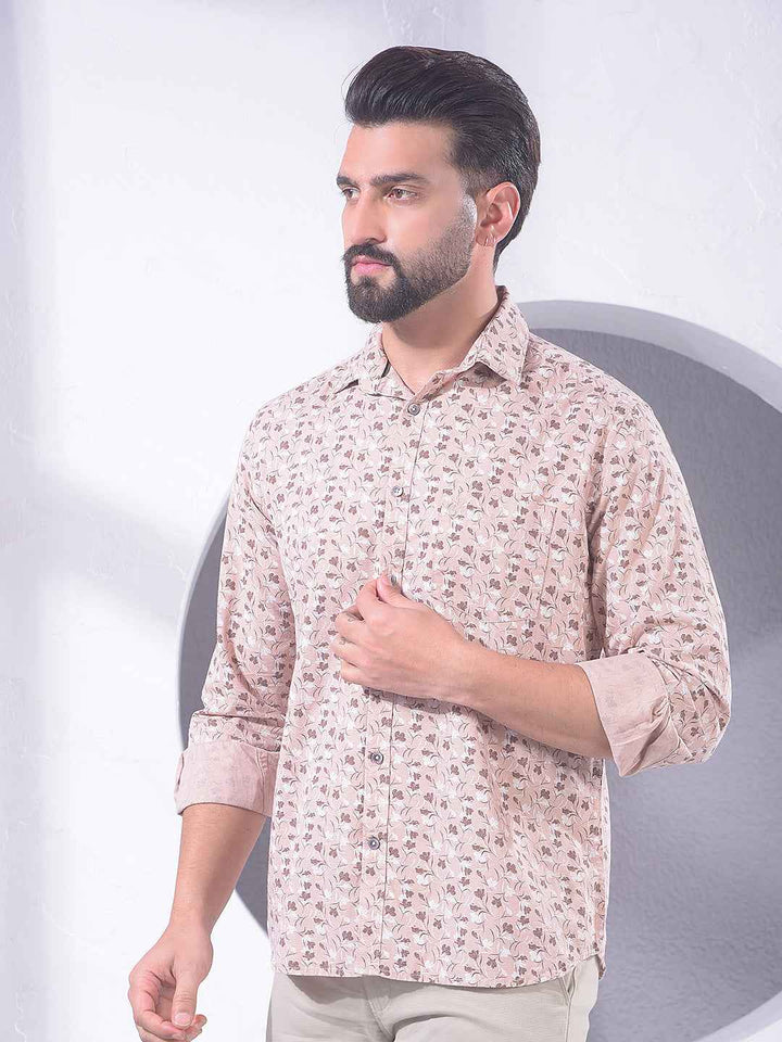 Peach Floral Print Linen Shirt