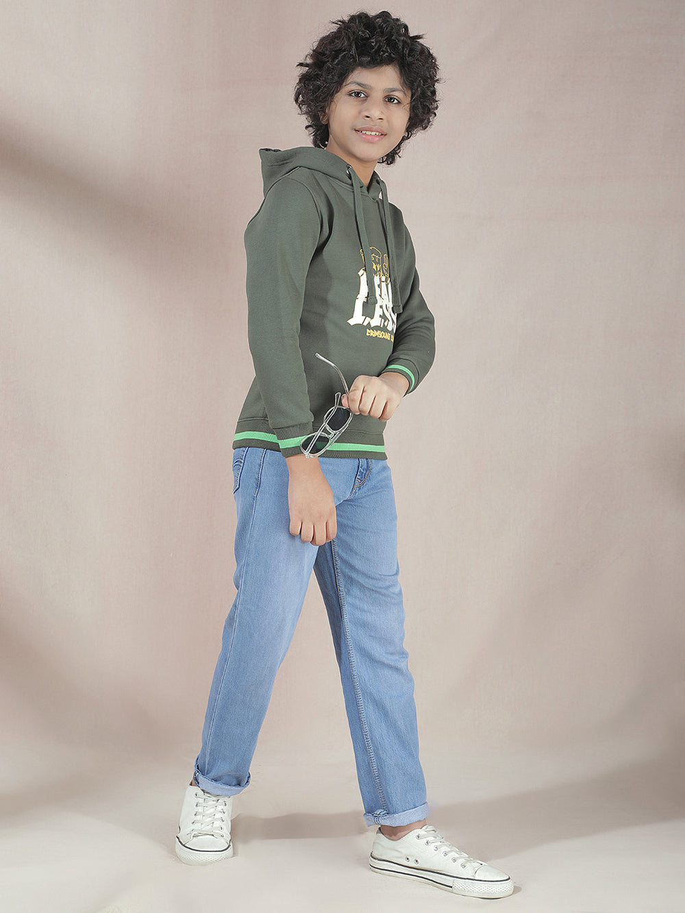 Olive Typographic Print Hooded Neck Sweatshirt