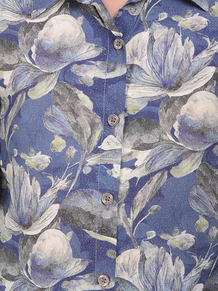 Blue Floral Print Modal Shirt