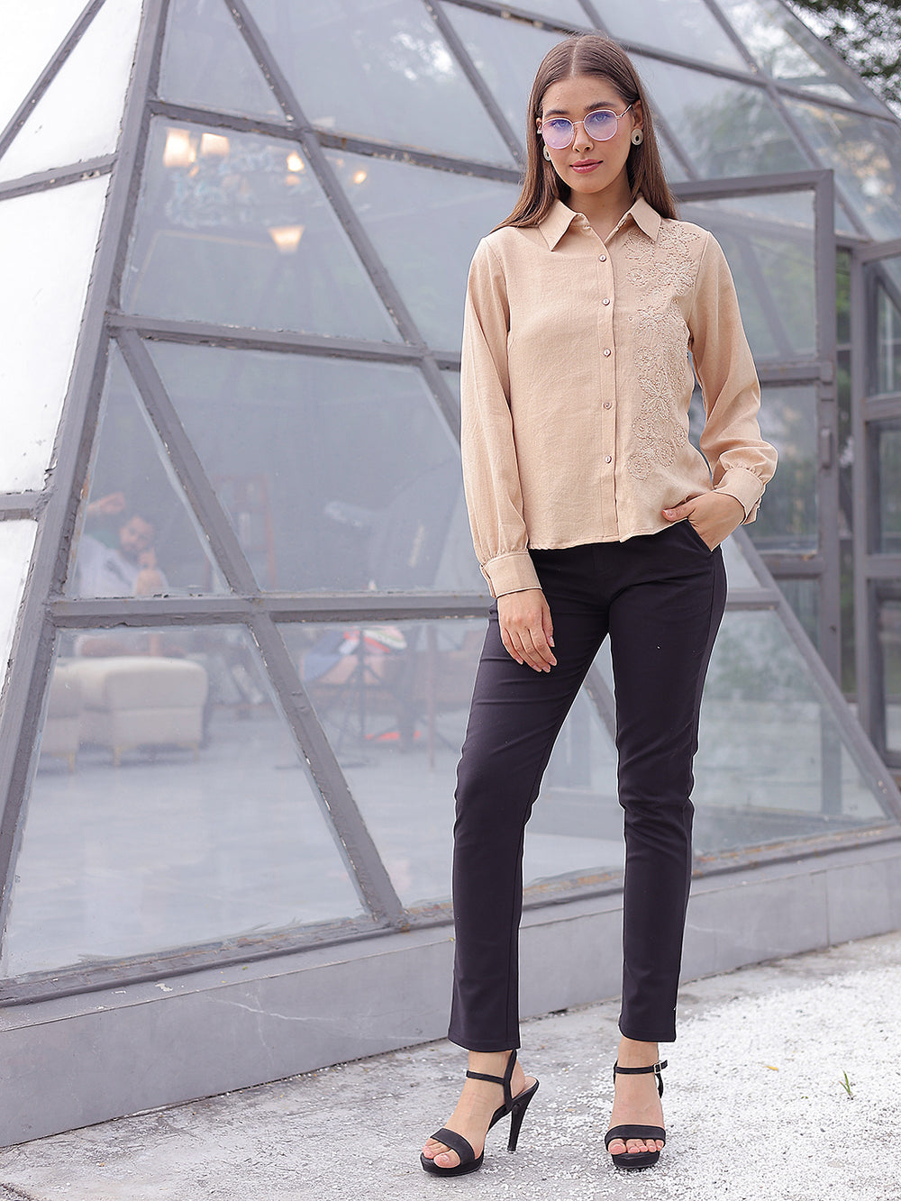 Beige Floral Embroidered Shirt