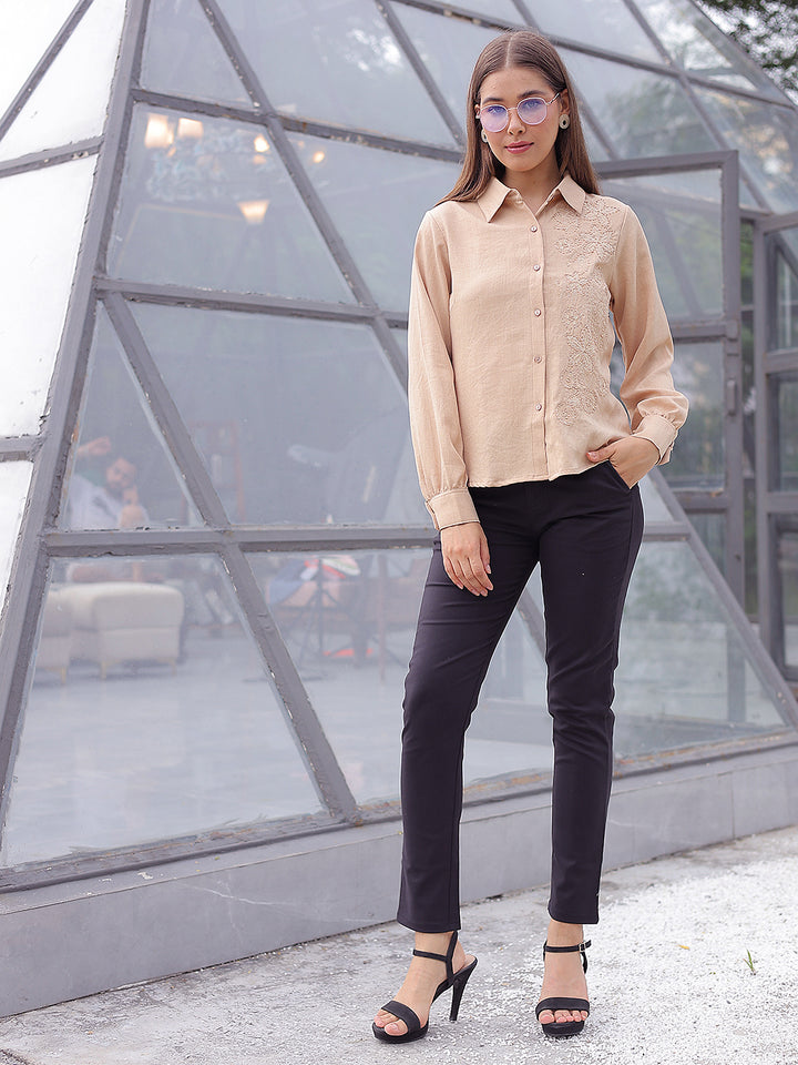 Beige Floral Embroidered Shirt
