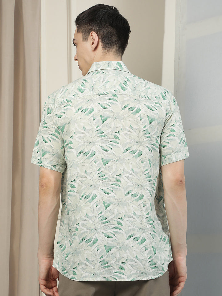 Green Floral Print Linen Shirt