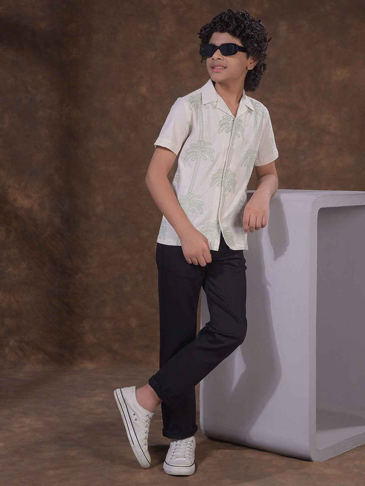 Green Embroidered Resort-Collar Linen Shirt