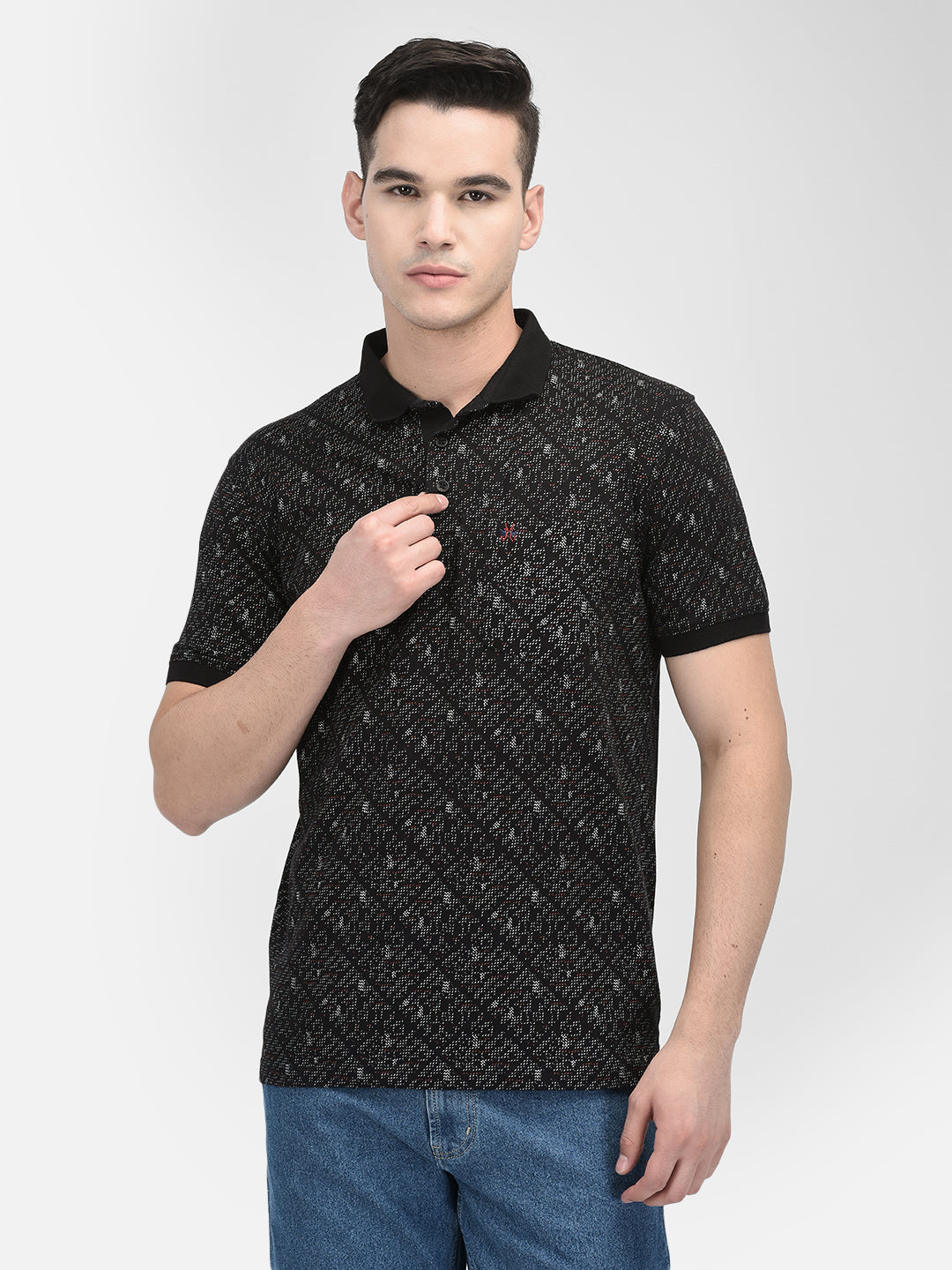 Black Printed 100% Cotton Polo Neck T-Shirt