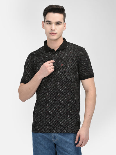 Black Printed 100% Cotton Polo Neck T-Shirt