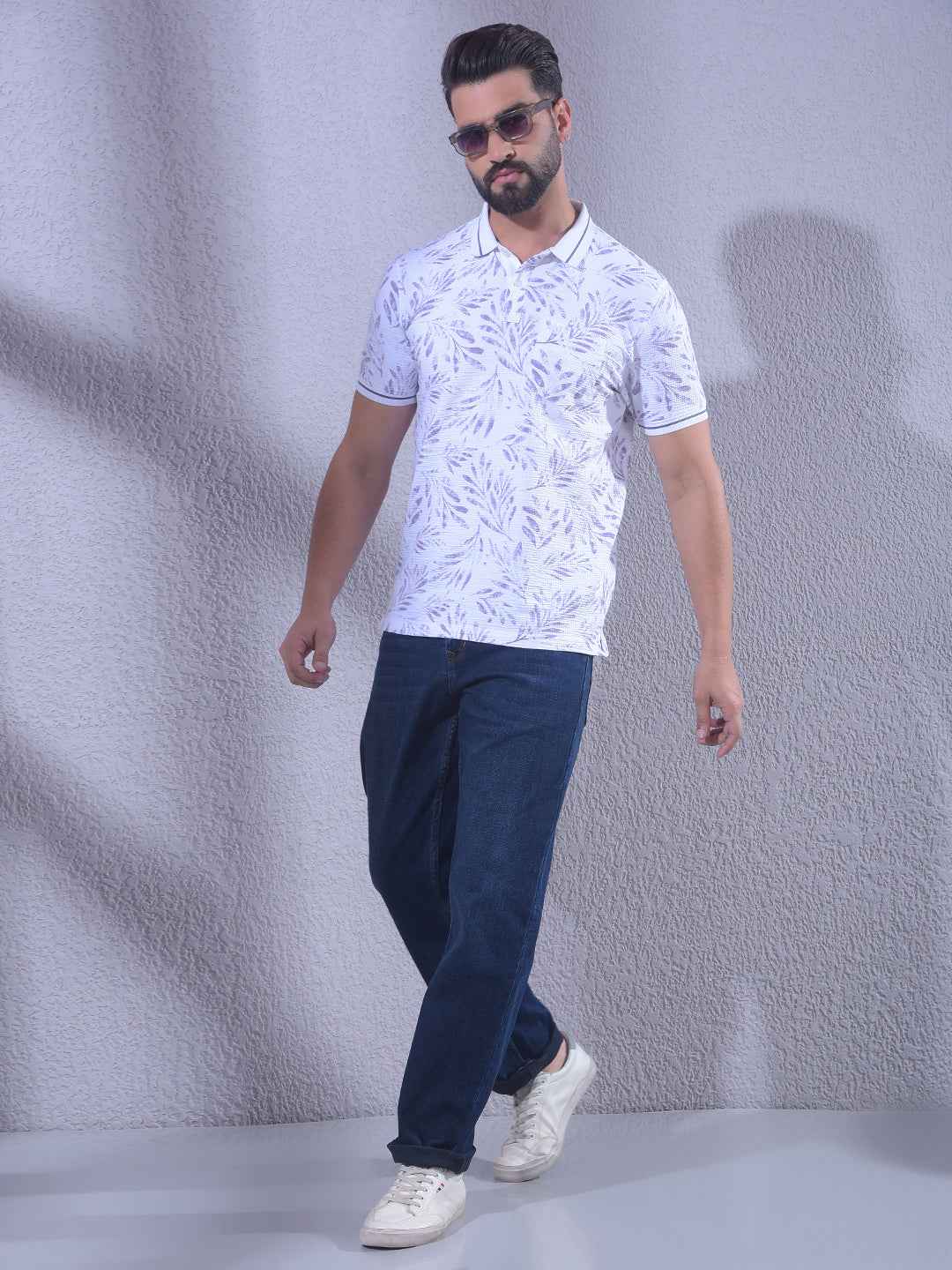 Purple Floral Print Polo Neck T-Shirt