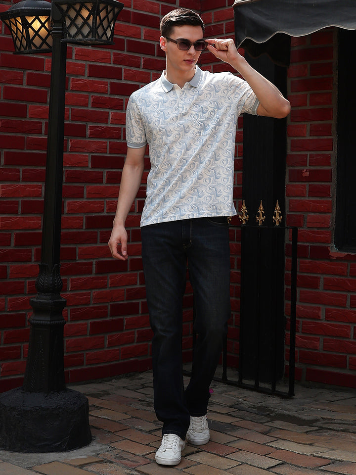 Grey Printed Polo Neck T-Shirt