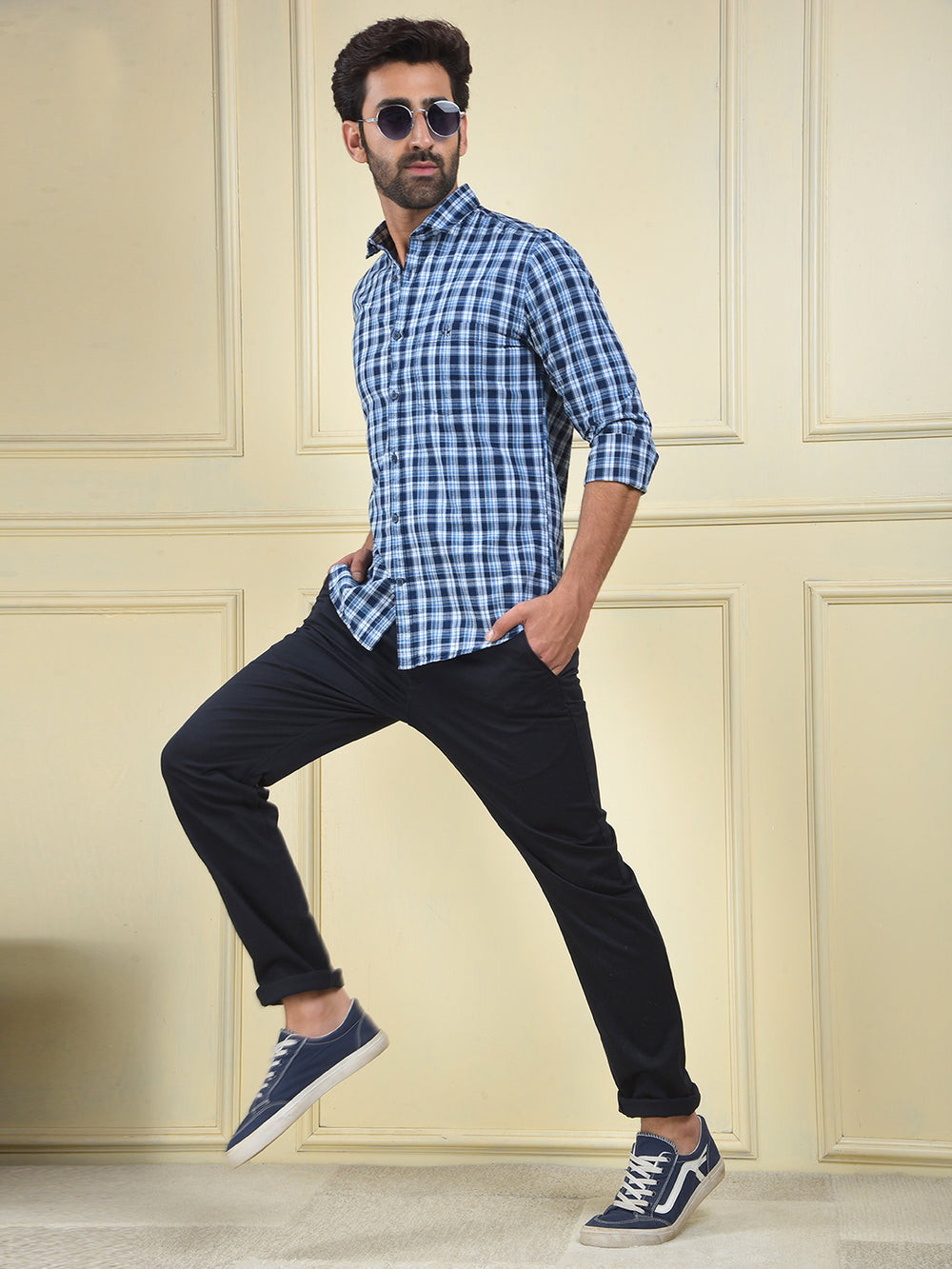 Navy Blue Checked 100% Cotton Shirt