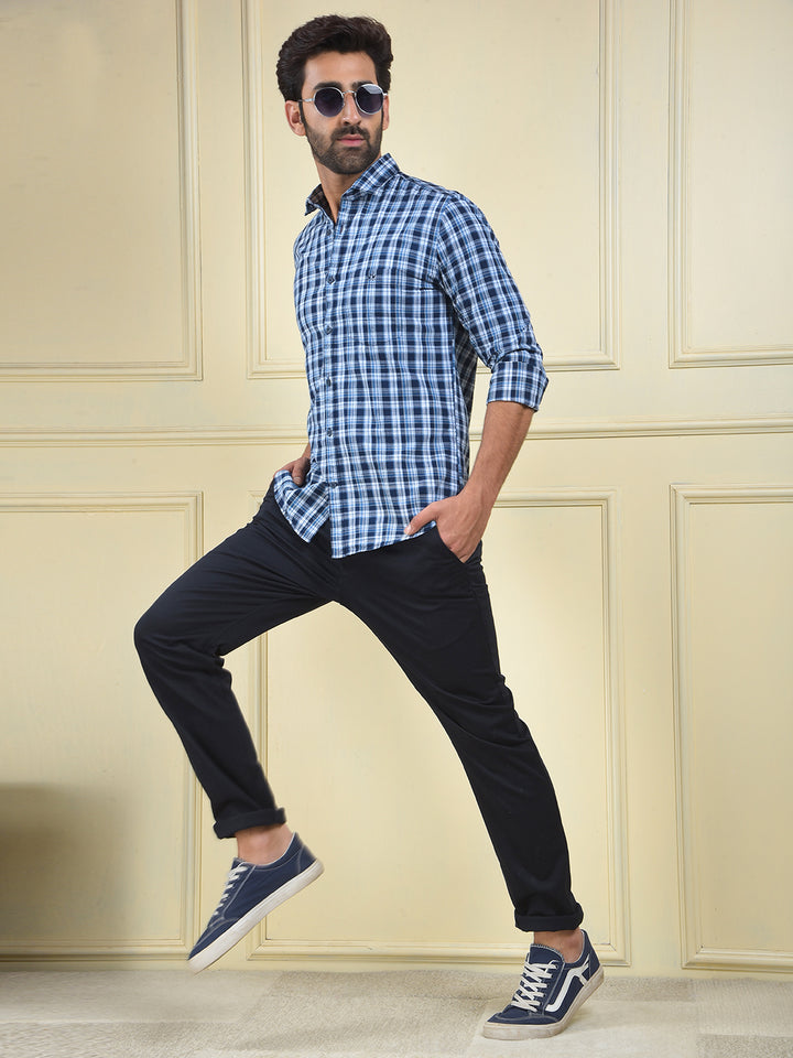 Navy Blue Checked 100% Cotton Shirt