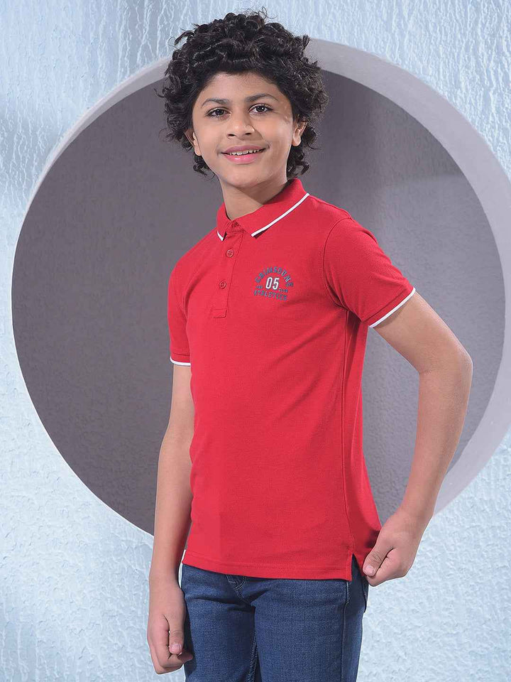 Red Typographic Print Polo Neck T-Shirt