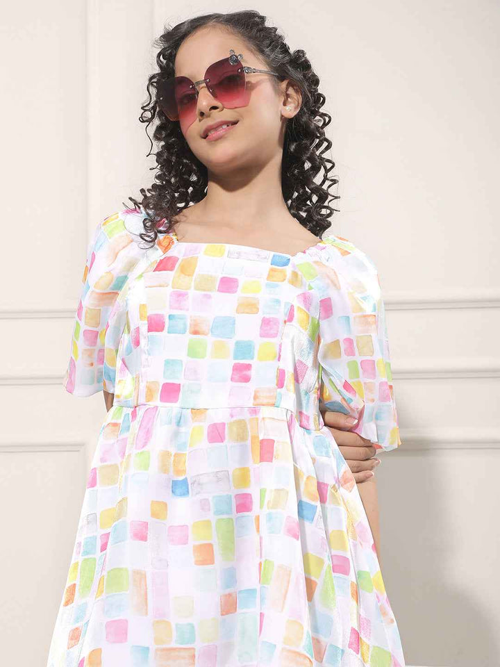 Abstract Print Multicolor Square Neck Dress