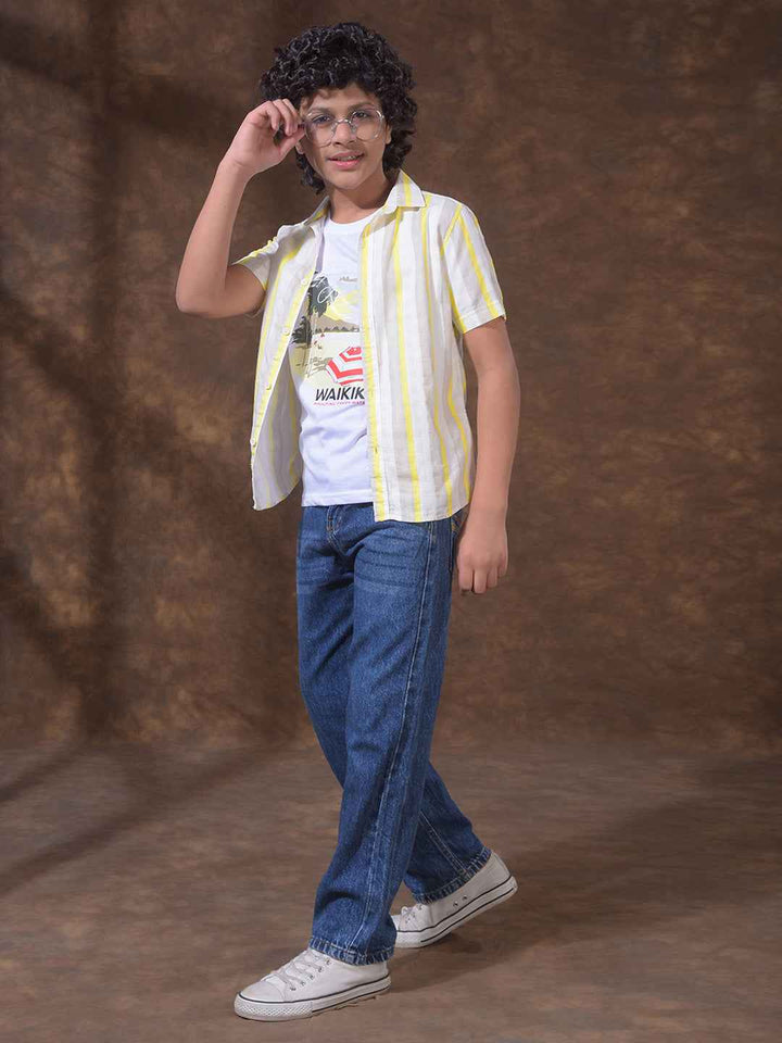 Yellow 100% Cotton Vertical Striped Shirt & Tee Set Layered Look