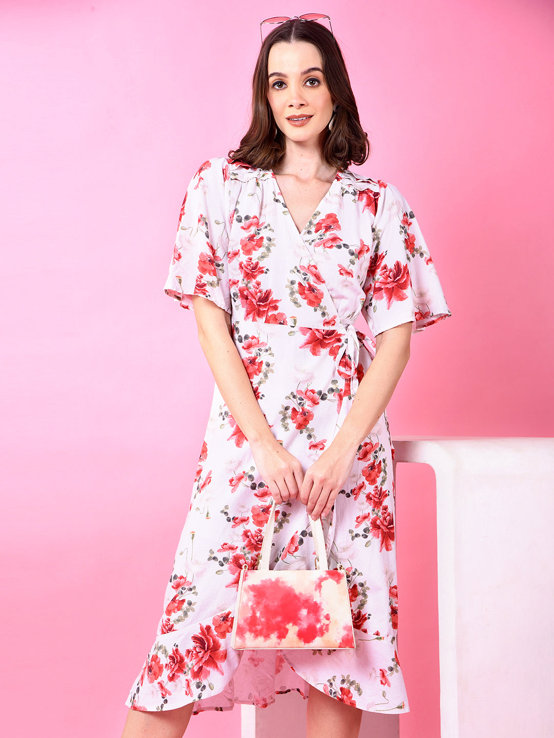 Red Floral Print V-Neck Linen Dress-Women Dress-Crimsoune Club