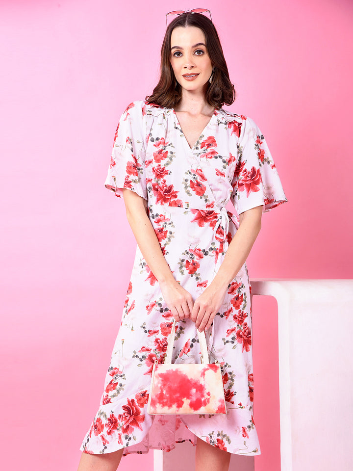 Red Floral Print V-Neck Linen Dress-Women Dress-Crimsoune Club