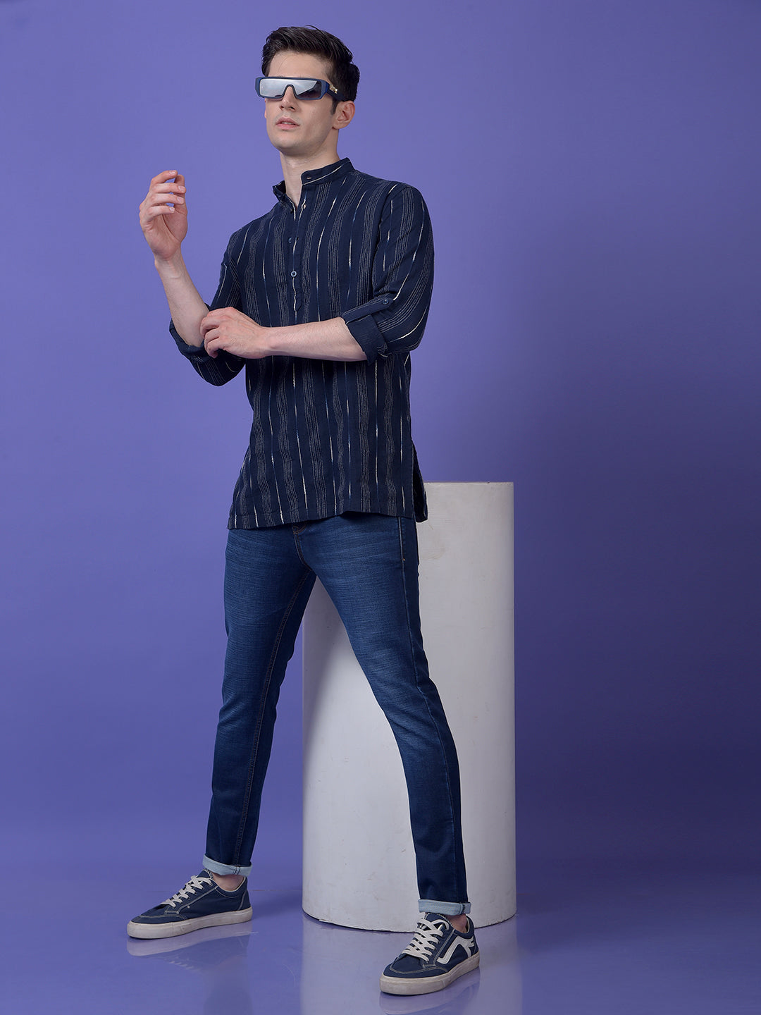 Navy Blue Vertical Stripes 100% Cotton Kurta