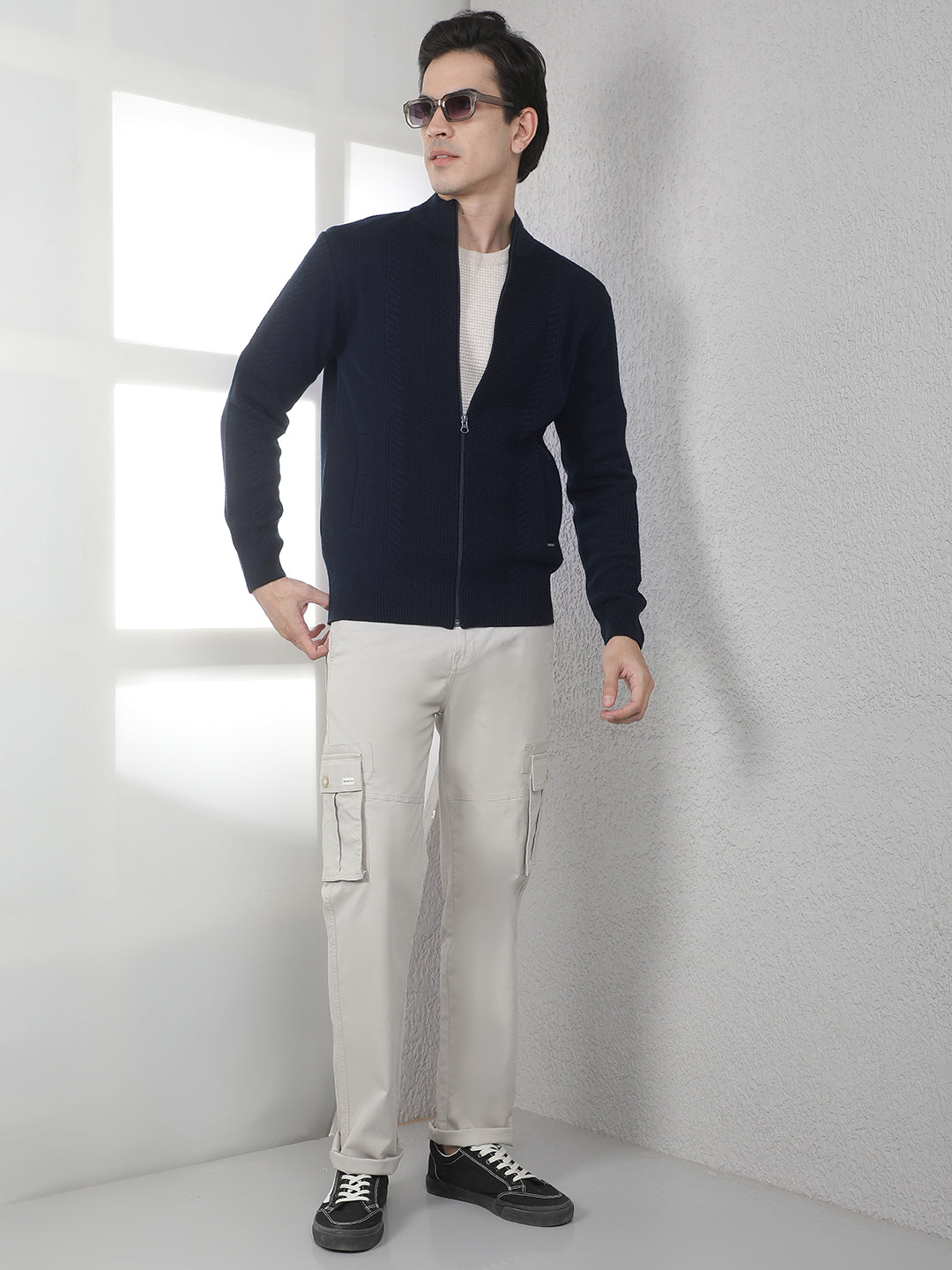 Navy Blue Jacquard Knitted Cardigan